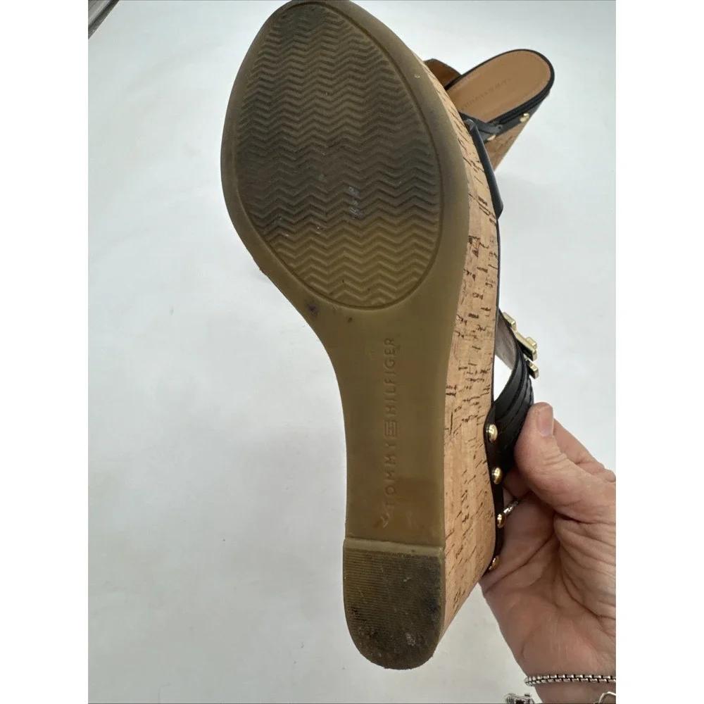 Tommy Hilfiger Cork Wedge Sandals Twmadasen Black Size 7.5